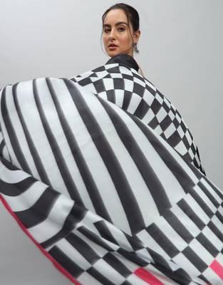 White printed satin fashion saree with blouse piece 4
