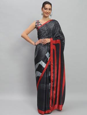 Silver printed satin fashion saree with blouse piece 1