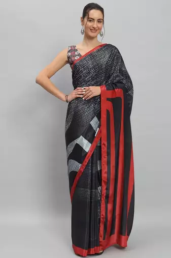 Silver printed satin fashion saree with blouse piece