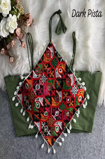 Women's dark pista navratri blouse | kutchi embroidered noodles strap blouse | hand mirror work cotton choli