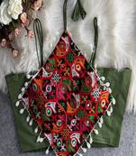 Women's dark pista navratri blouse | kutchi embroidered noodles strap blouse | hand mirror work cotton choli