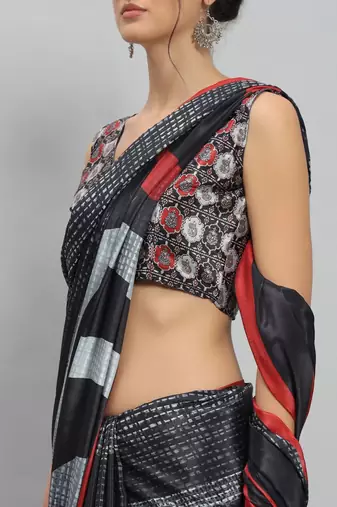 Silver printed satin fashion saree with blouse piece