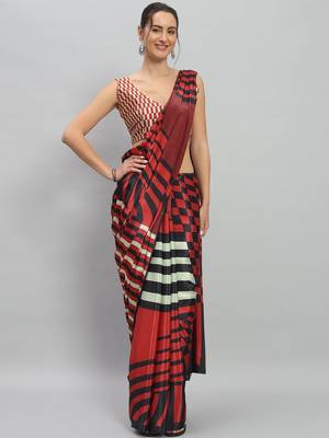 Red printed satin fashion saree with blouse piece 1