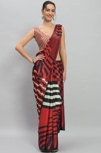Red printed satin fashion saree with blouse piece