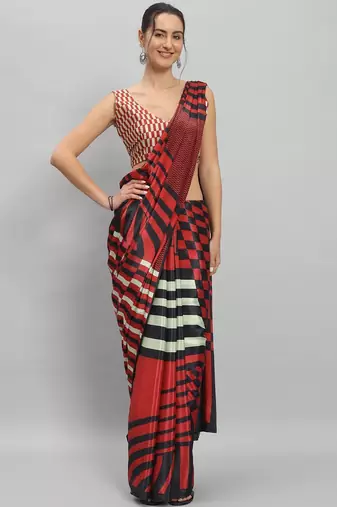 Red printed satin fashion saree with blouse piece
