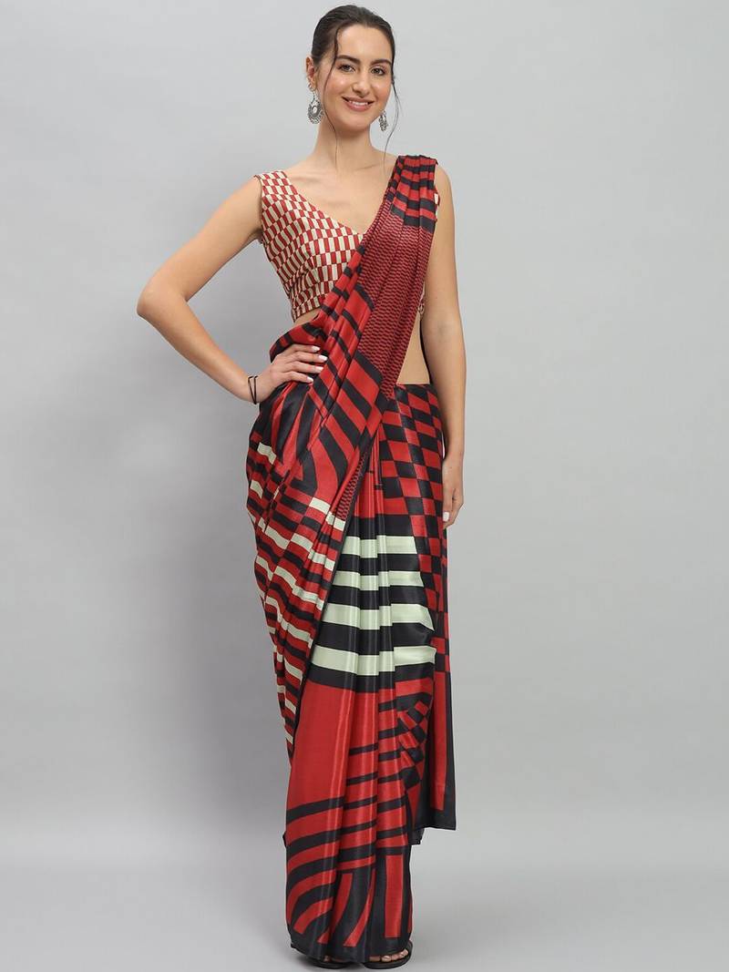 Red printed satin fashion saree with blouse piece
