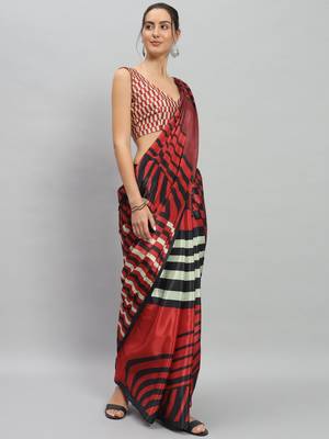 Red printed satin fashion saree with blouse piece 2