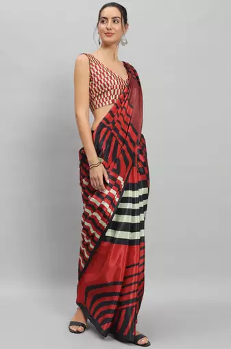 Red printed satin fashion saree with blouse piece