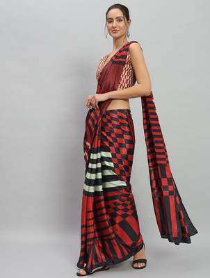 Red printed satin fashion saree with blouse piece 3