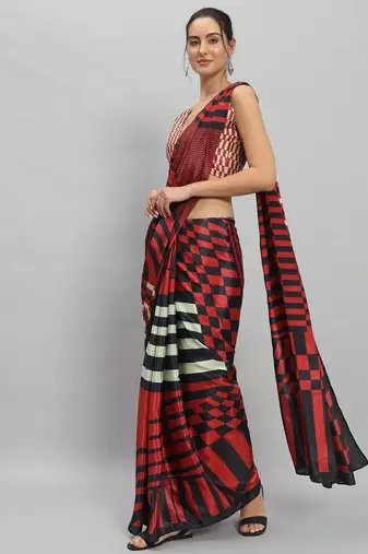 Red printed satin fashion saree with blouse piece