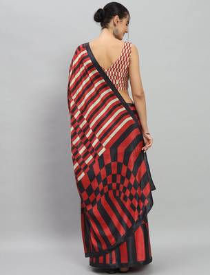 Red printed satin fashion saree with blouse piece 4