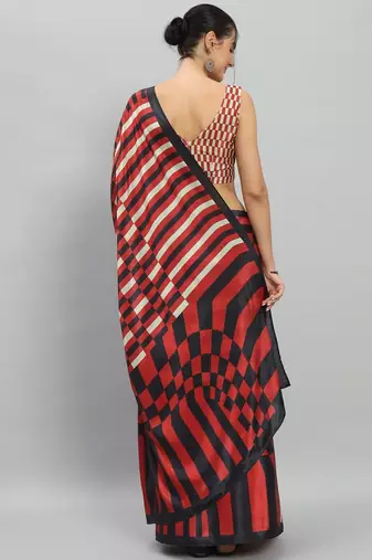 Red printed satin fashion saree with blouse piece