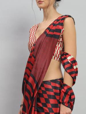 Red printed satin fashion saree with blouse piece 5