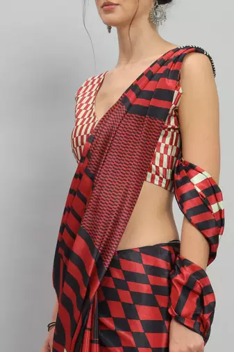 Red printed satin fashion saree with blouse piece