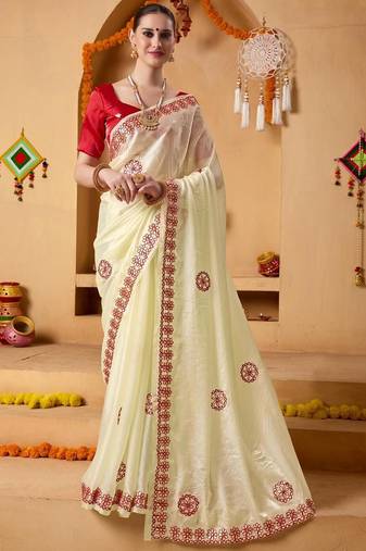 Cream plain tissue festive wear saree with blouse piece