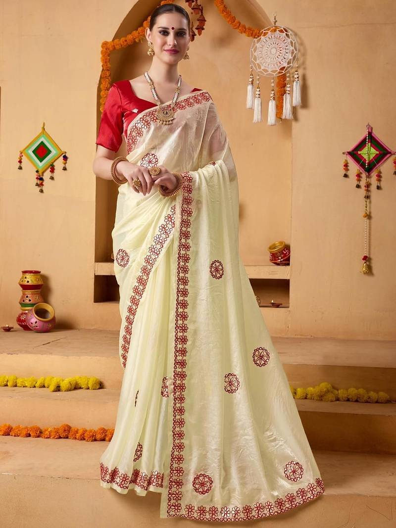 Cream plain tissue festive wear saree with blouse piece