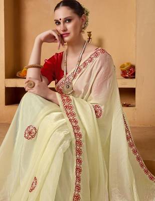 Cream plain tissue festive wear saree with blouse piece 2
