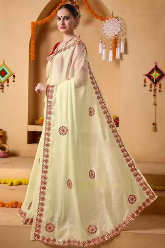 Cream plain tissue festive wear saree with blouse piece