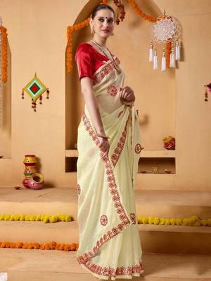 Cream plain tissue festive wear saree with blouse piece 4