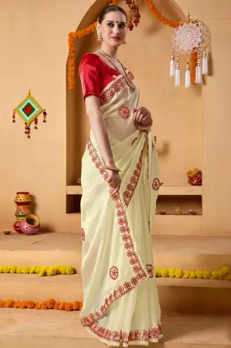 Cream plain tissue festive wear saree with blouse piece