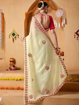 Cream plain tissue festive wear saree with blouse piece 5