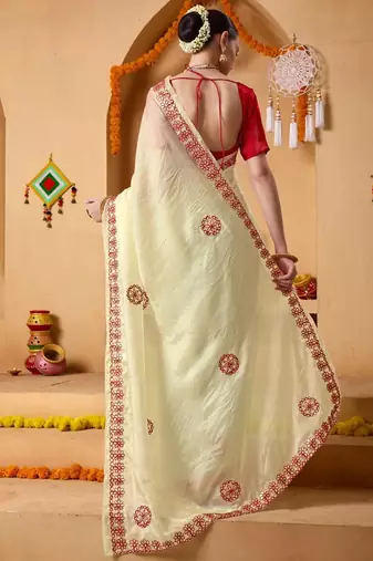 Cream plain tissue festive wear saree with blouse piece