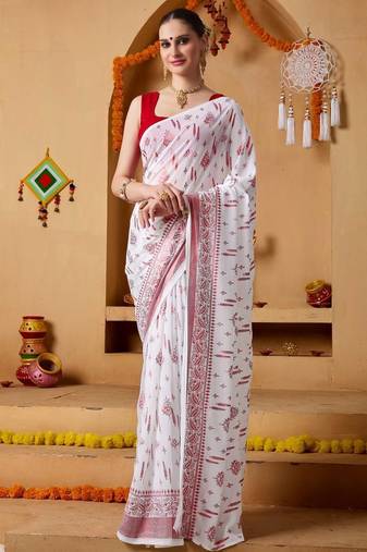 White elegant printed georgette saree with blouse piece