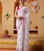 White elegant printed georgette saree with blouse piece