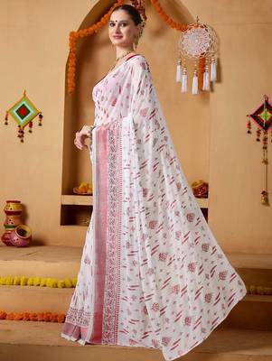 White elegant printed georgette saree with blouse piece 2