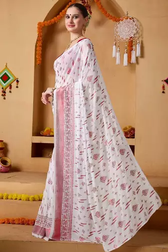 White elegant printed georgette saree with blouse piece