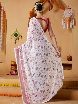 White elegant printed georgette saree with blouse piece 4
