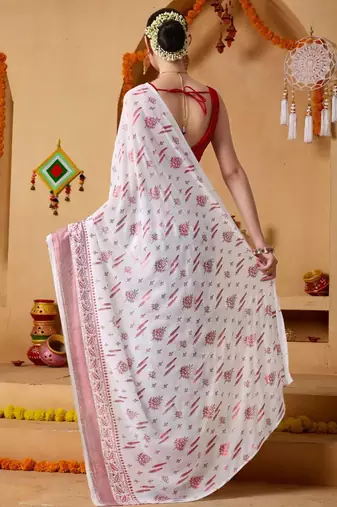 White elegant printed georgette saree with blouse piece