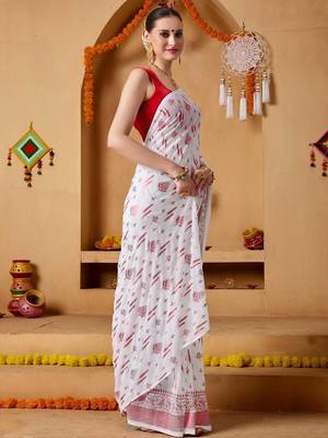 White elegant printed georgette saree with blouse piece 5