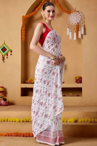 White elegant printed georgette saree with blouse piece