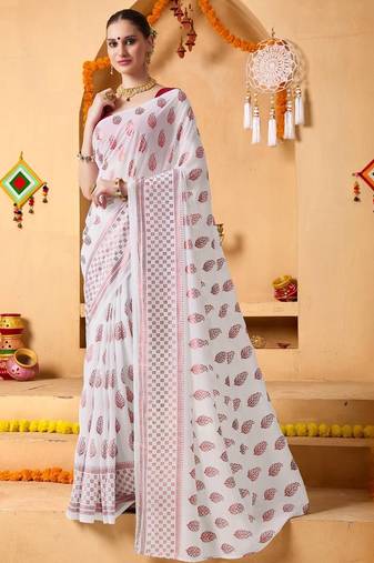 White elegant printed georgette saree with blouse piece