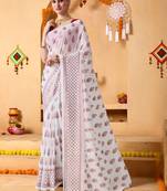 White elegant printed georgette saree with blouse piece