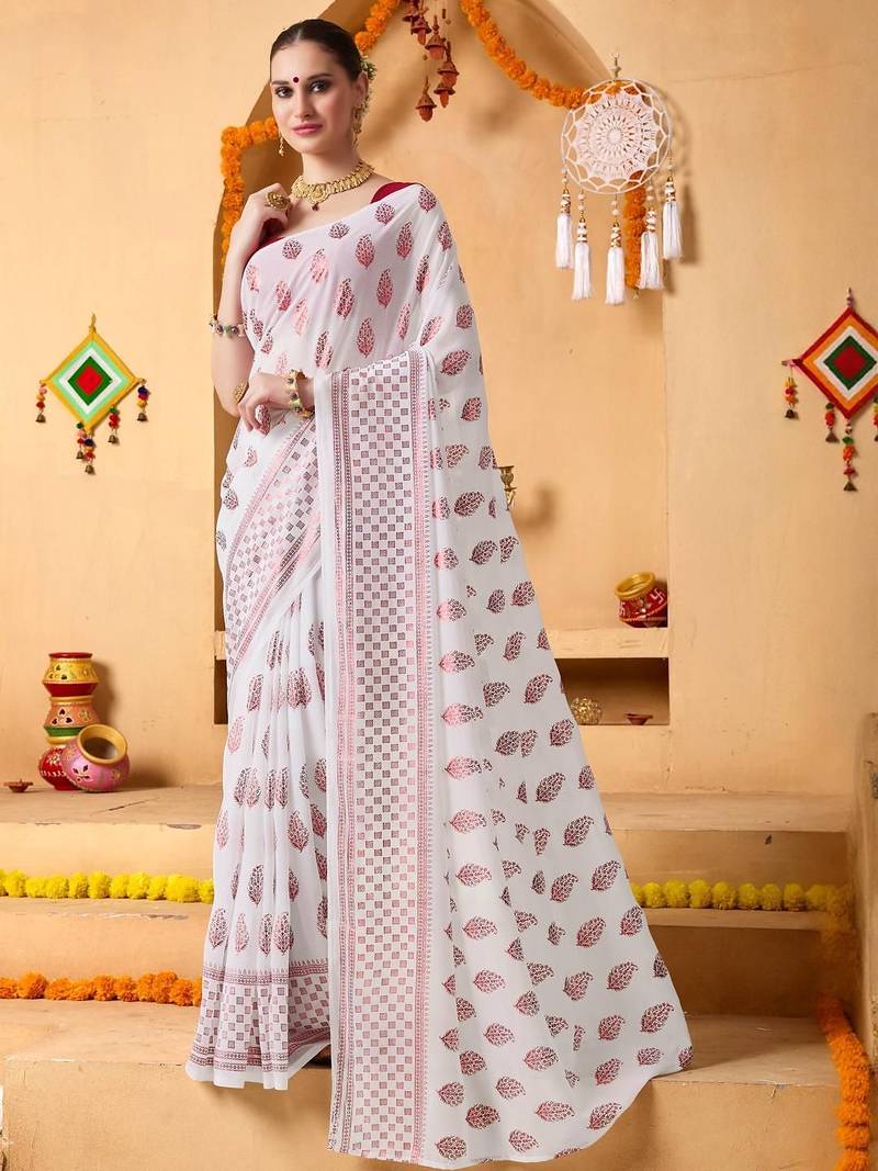 White elegant printed georgette saree with blouse piece