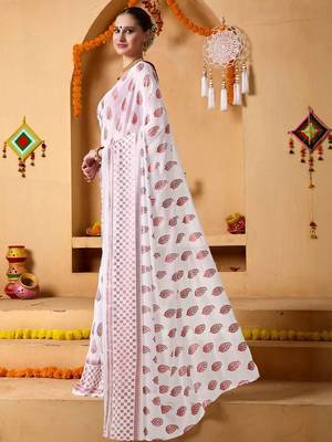 White elegant printed georgette saree with blouse piece 2