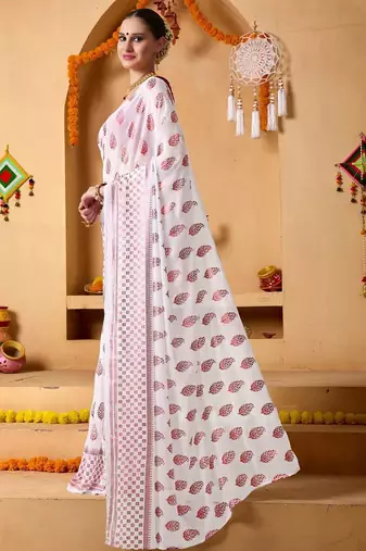 White elegant printed georgette saree with blouse piece