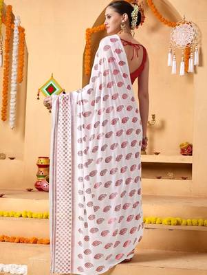 White elegant printed georgette saree with blouse piece 3
