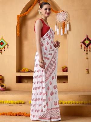White elegant printed georgette saree with blouse piece 4
