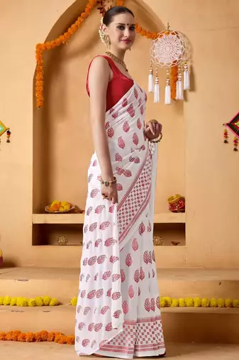 White elegant printed georgette saree with blouse piece