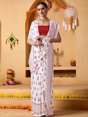 White elegant printed georgette saree with blouse piece 5
