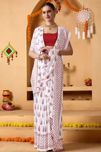 White elegant printed georgette saree with blouse piece