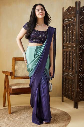 Green plain satin designer saree with blouse piece