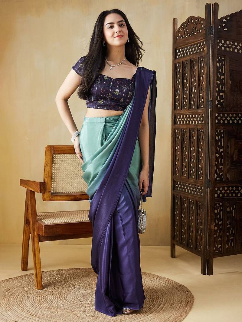 Green plain satin designer saree with blouse piece