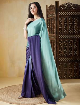 Green plain satin designer saree with blouse piece 2