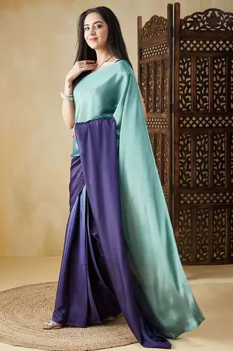 Green plain satin designer saree with blouse piece