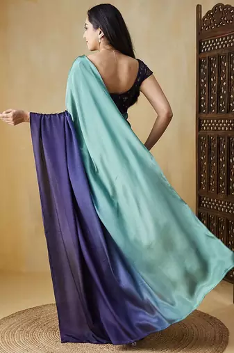 Green plain satin designer saree with blouse piece