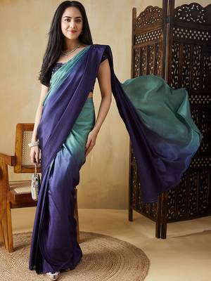 Green plain satin designer saree with blouse piece 4